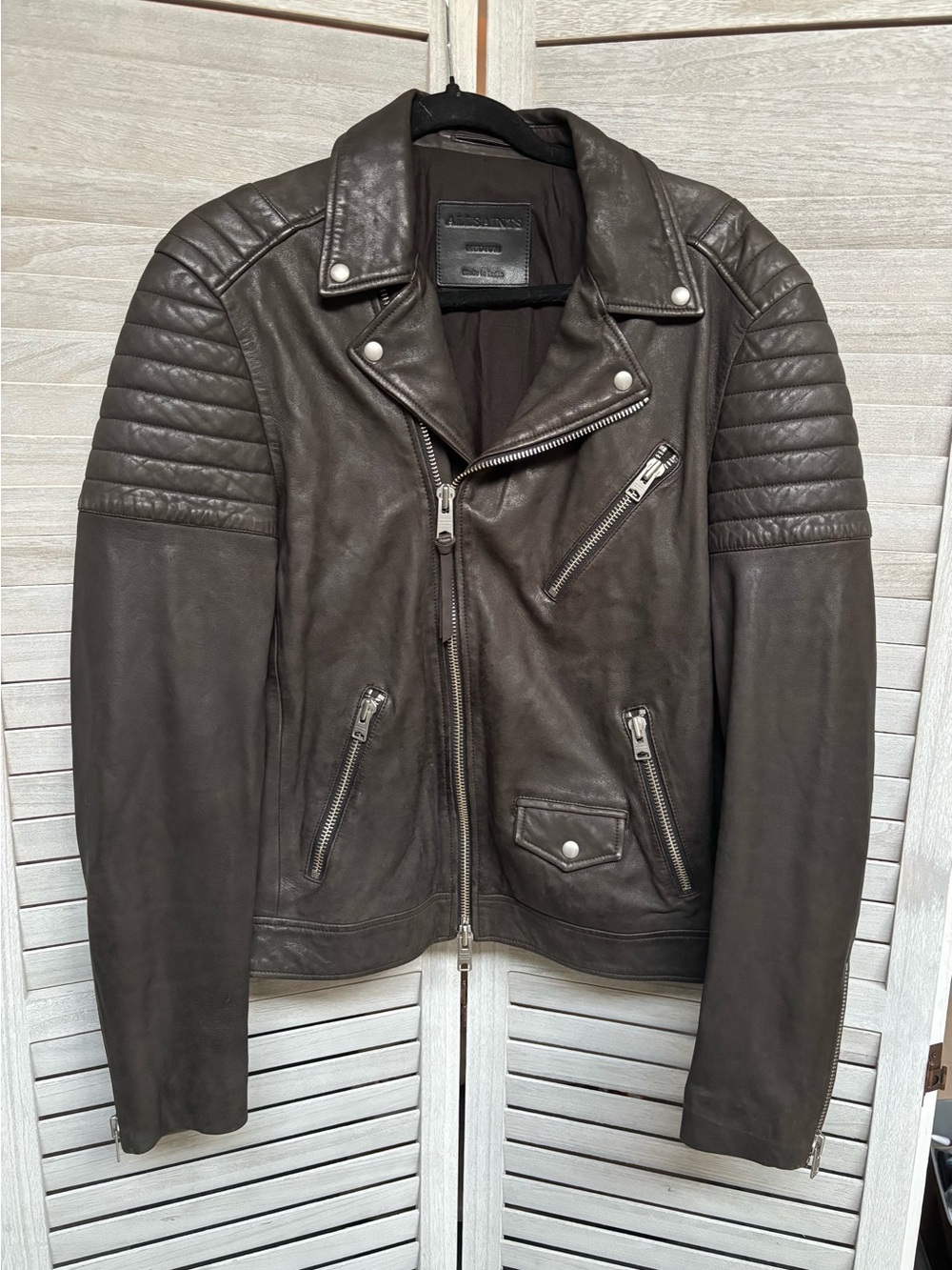 ALL SAINTS Leather Moto Jacket in Dark Brown, Men's M